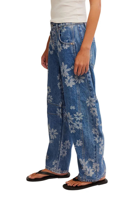 Daisy Floral Print Barrel Jeans