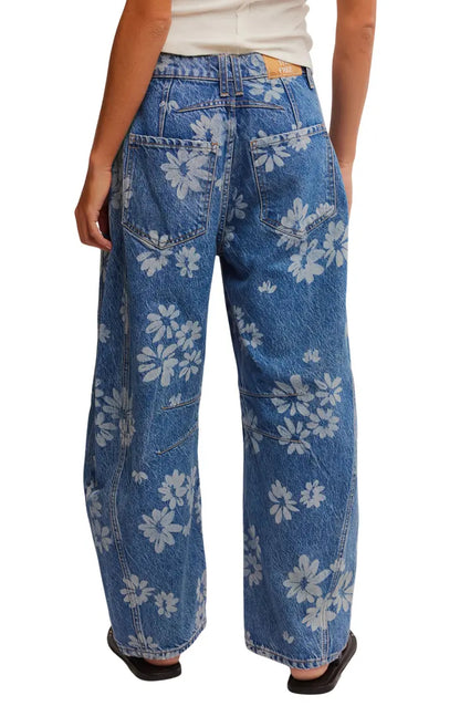 Daisy Floral Print Barrel Jeans