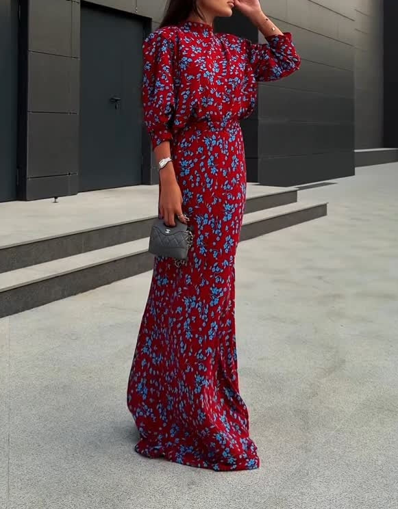 Floral Stand Collar Maxi Dress
