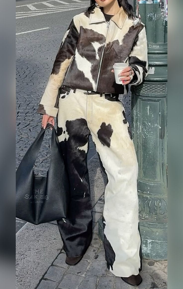 Cowhide Leather Biker Jacket & Jeans Set