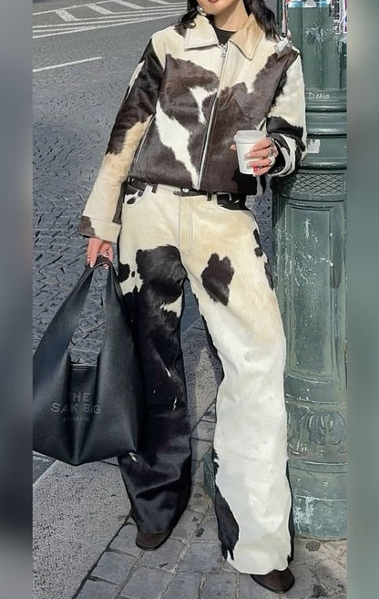 Cowhide Leather Biker Jacket & Jeans Set