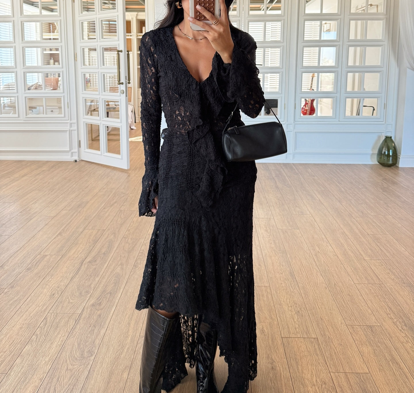 Slit Flounce Maxi Lace Dress