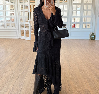 Slit Flounce Maxi Lace Dress