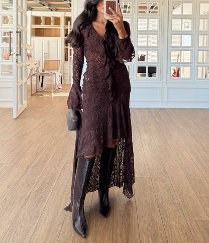 Slit Flounce Maxi Lace Dress
