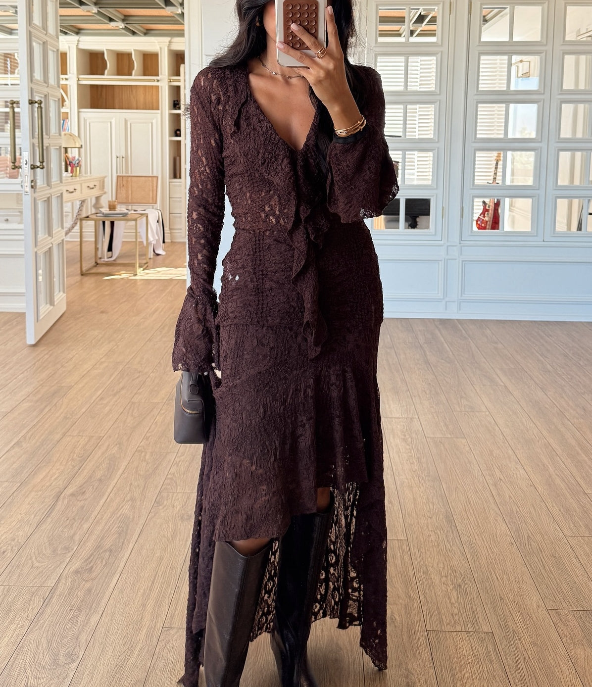 Slit Flounce Maxi Lace Dress