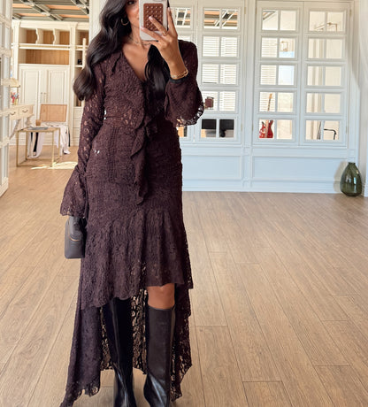 Slit Flounce Maxi Lace Dress