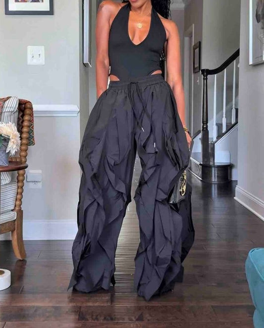 Wavy Oversized Ruffle Drawstring Elastic Waist Pants