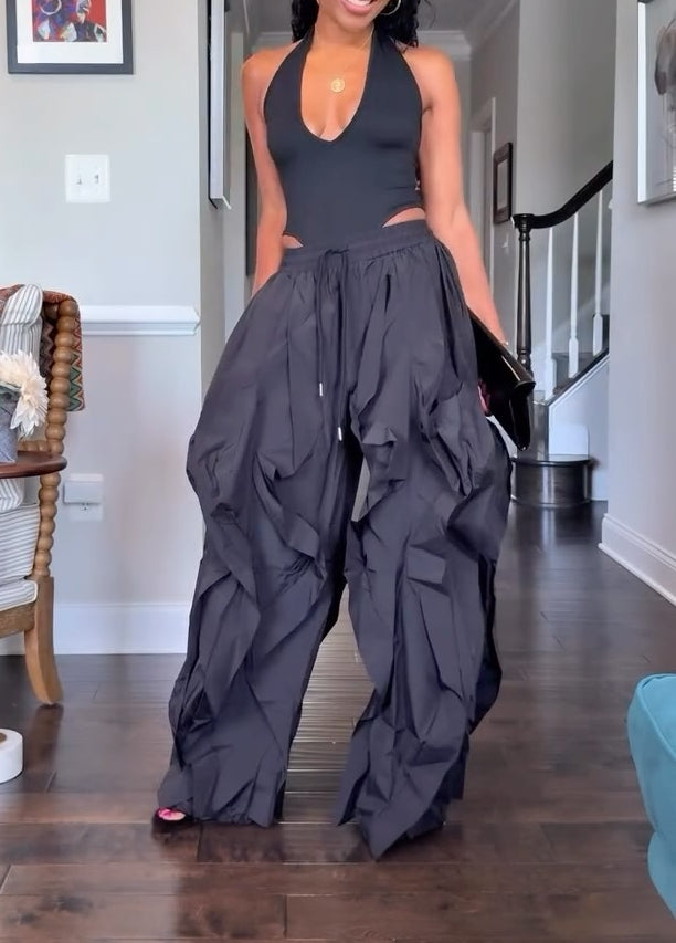 Wavy Oversized Ruffle Drawstring Elastic Waist Pants