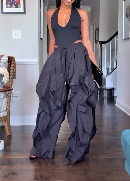 Wavy Oversized Ruffle Drawstring Elastic Waist Pants