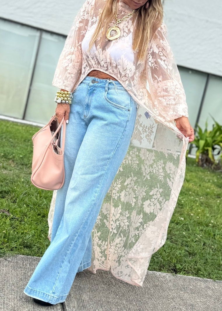 Long Lace Crew Neck Top