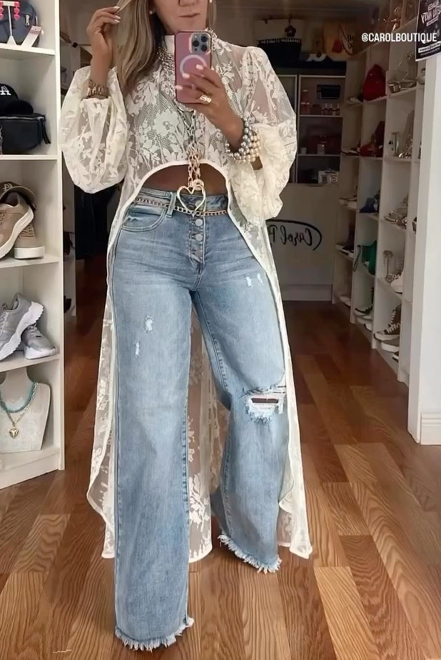 Long Lace Crew Neck Top