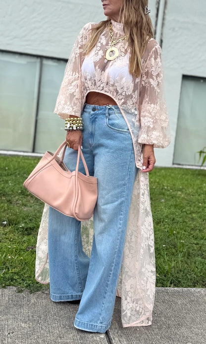 Long Lace Crew Neck Top