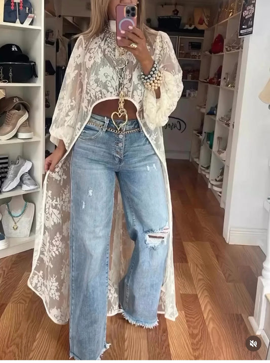 Long Lace Crew Neck Top