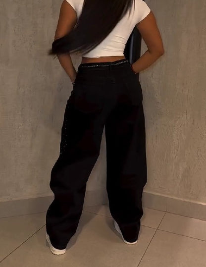 Black Wide-Leg Rhinestone Jeans