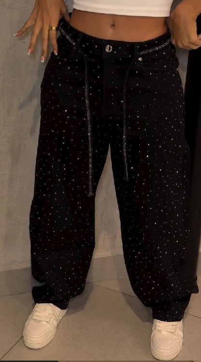 Black Wide-Leg Rhinestone Jeans