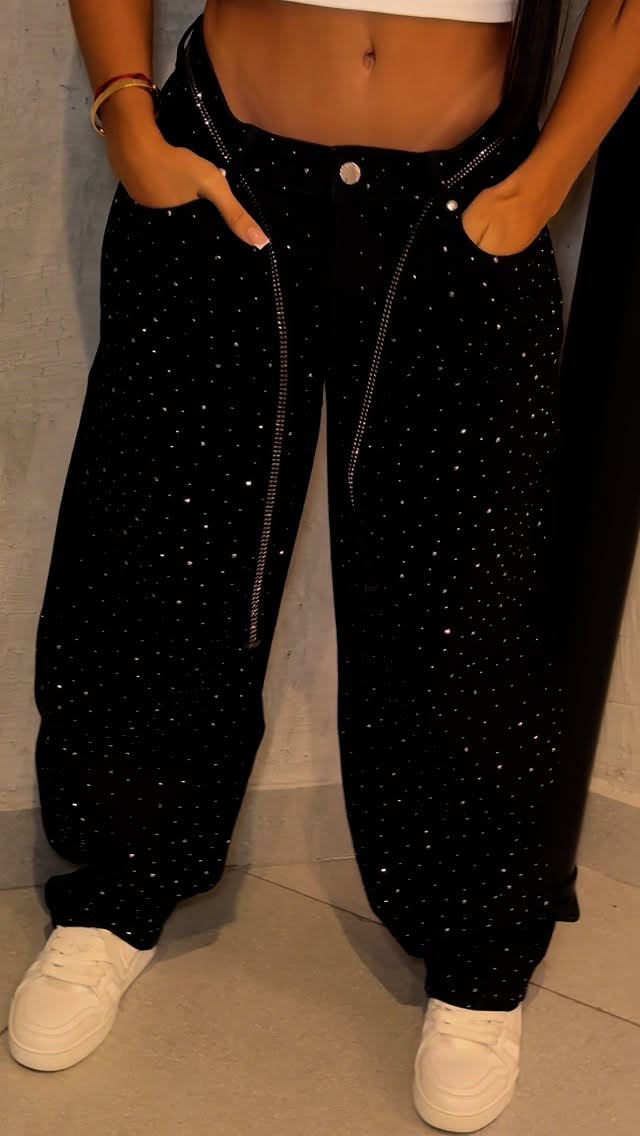 Black Wide-Leg Rhinestone Jeans