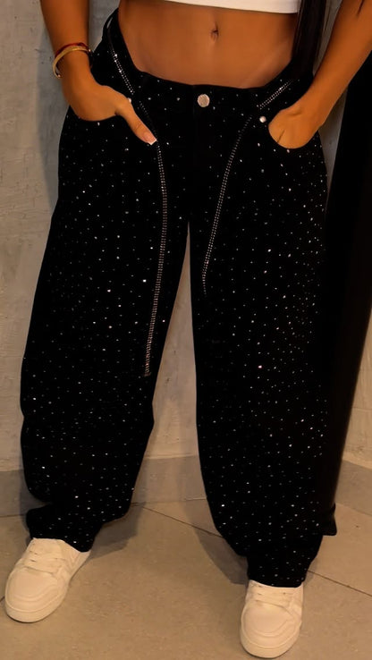 Black Wide-Leg Rhinestone Jeans