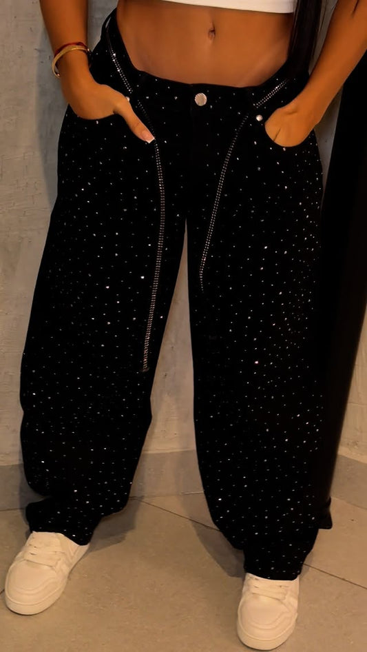 Black Wide-Leg Rhinestone Jeans