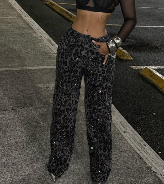 Leopard Print Rhinestone Jeans