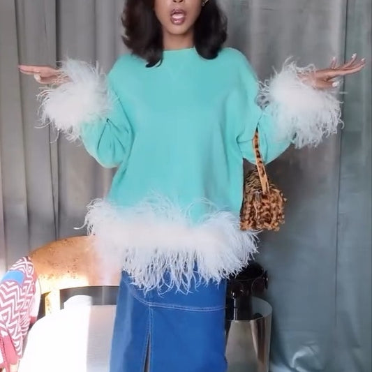 Mint Green Feather Embellished Sweatshirt