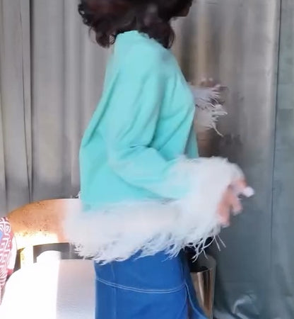 Mint Green Feather Embellished Sweatshirt