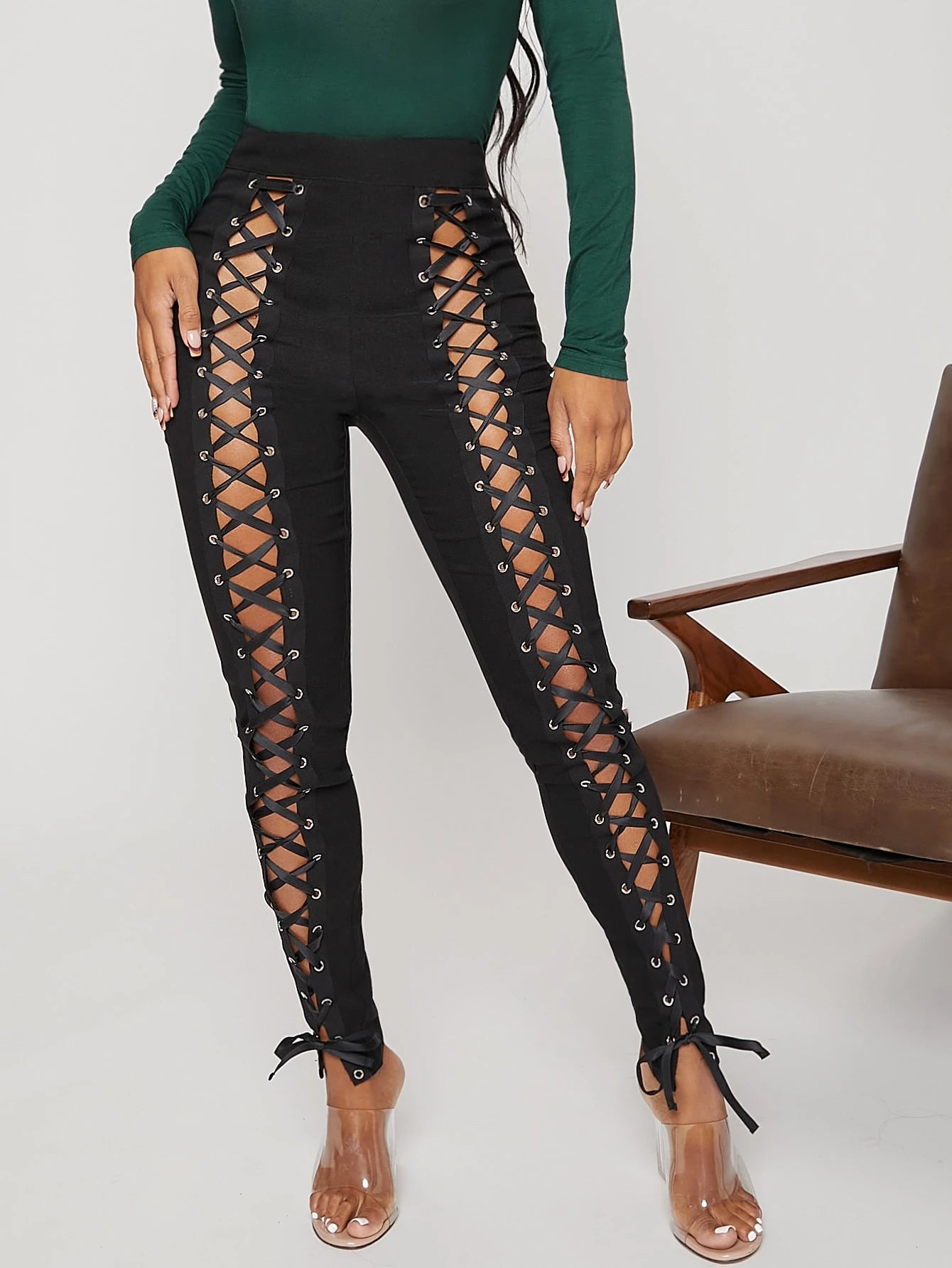 High Waist Grommet Lace Up Pants