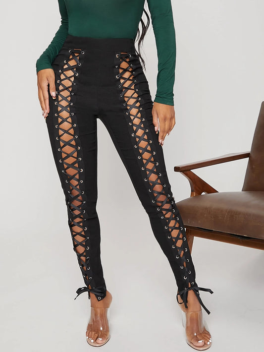 High Waist Grommet Lace Up Pants