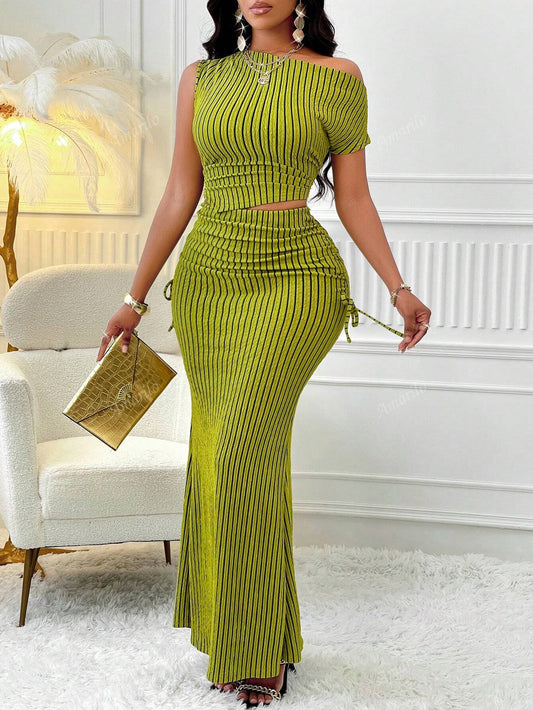 Elegant One-Shoulder Ruched Top And Mermaid Skirt Set