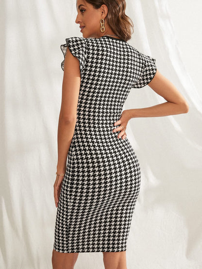 Houndstooth Print Ruffle Trim Bodycon Dress