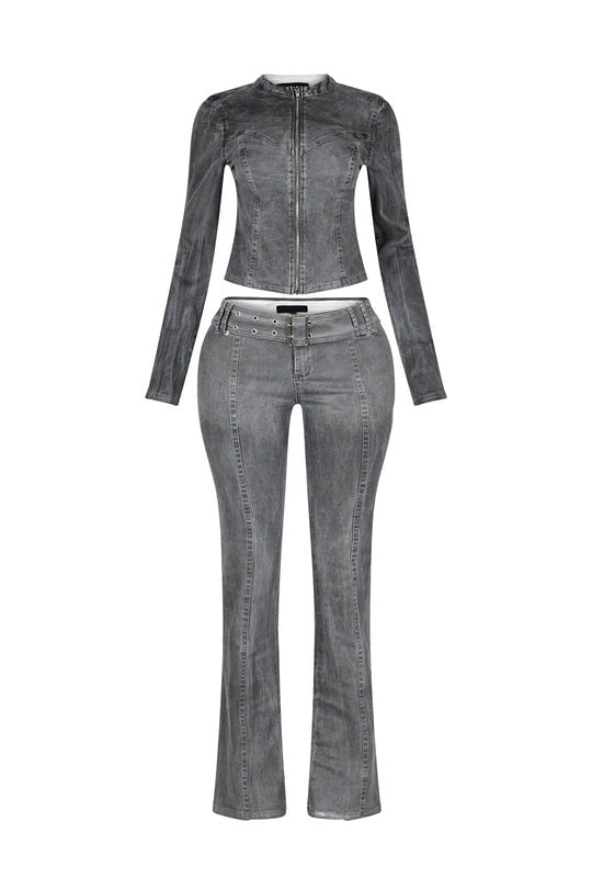 Washed Denim Zip Up Top & Pants Set