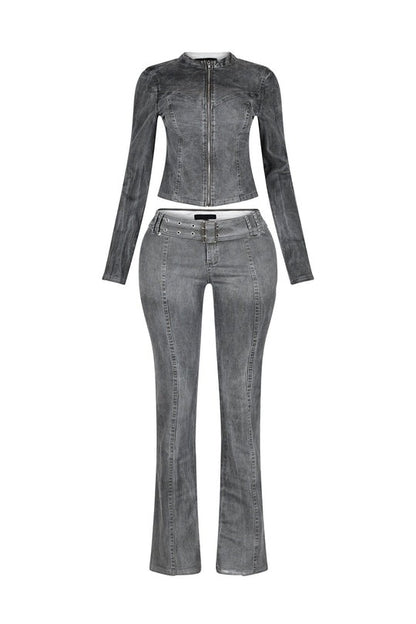 Washed Denim Zip Up Top & Pants Set