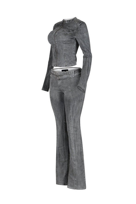 Washed Denim Zip Up Top & Pants Set