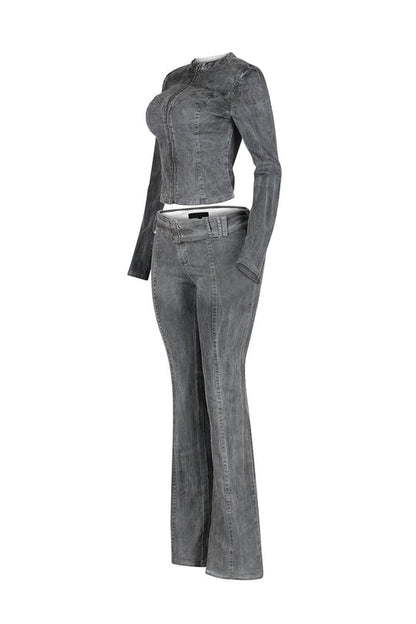 Washed Denim Zip Up Top & Pants Set