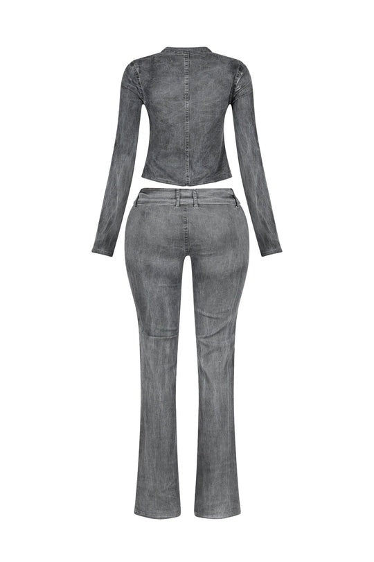 Washed Denim Zip Up Top & Pants Set