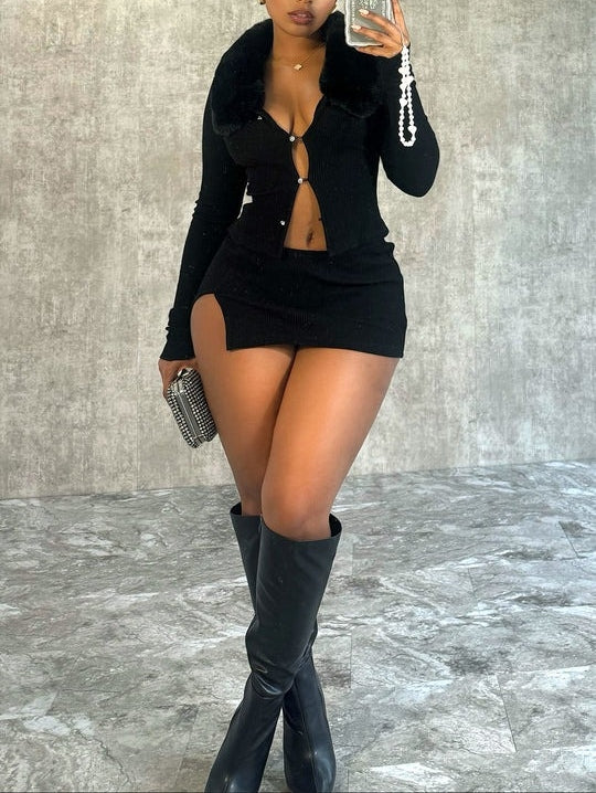 Fur Trim Top & Skirt Set