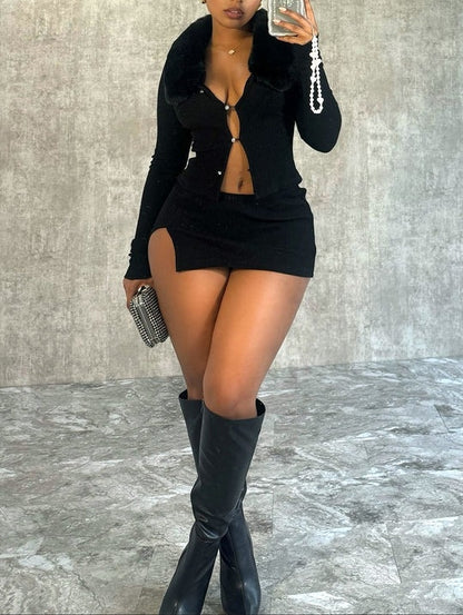 Fur Trim Top & Skirt Set