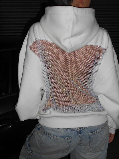 Oversize Casual Shiny Hollow Mesh Long Sleeve Hooded Sweatshirt
