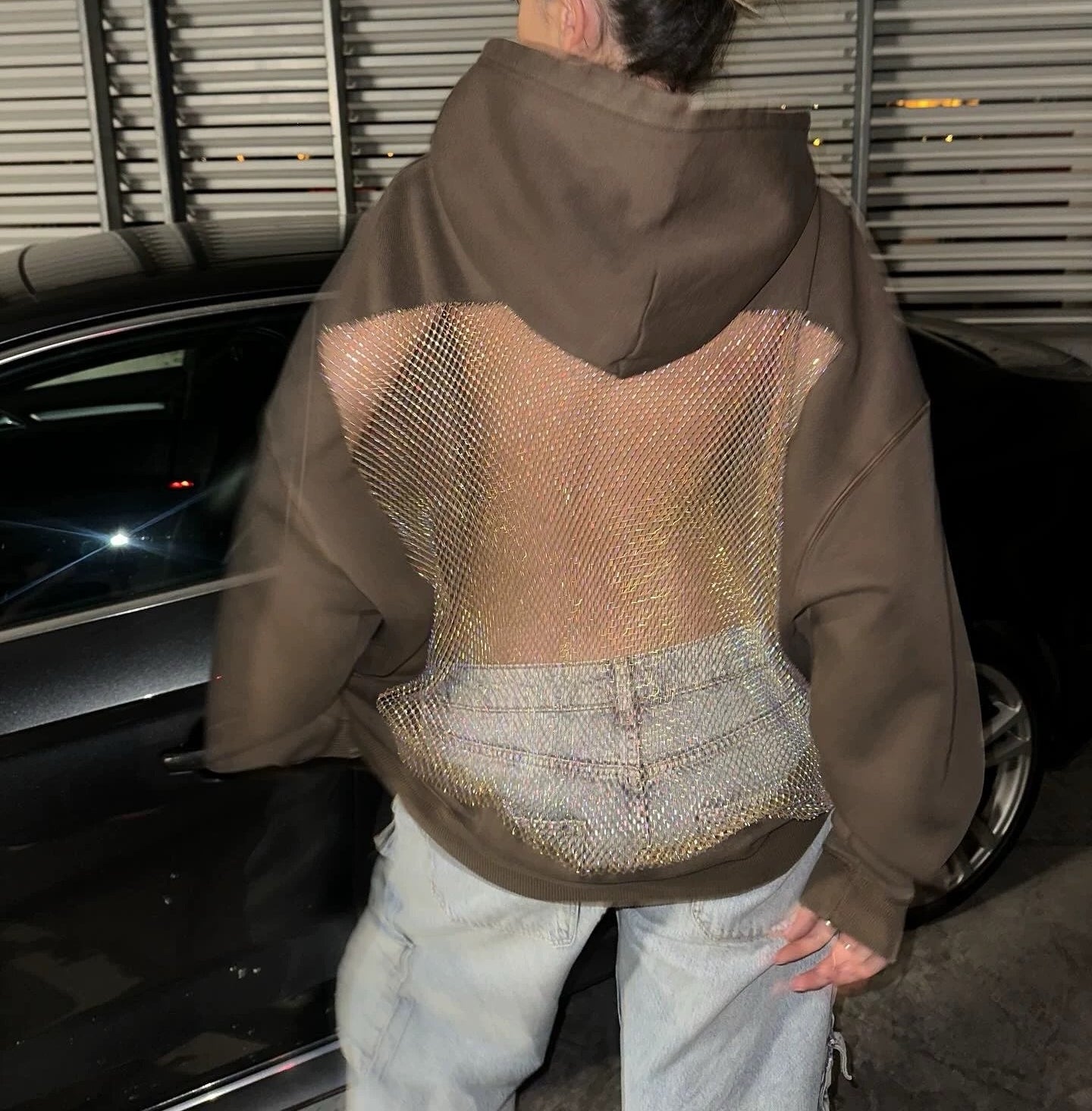 Oversize Casual Shiny Hollow Mesh Long Sleeve Hooded Sweatshirt