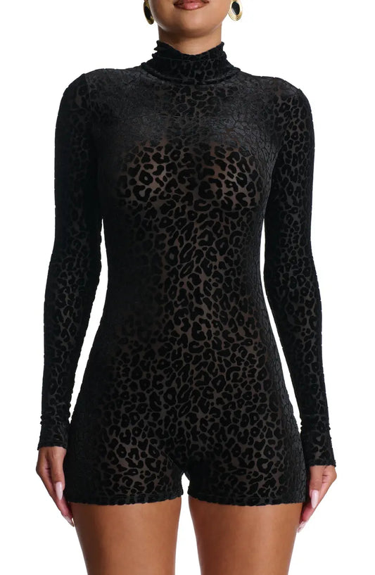 Leopard Mock Neck Long Sleeve Romper