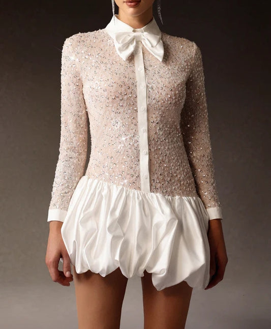 Long Sleeveless Embroidery Lace Sequin Puff Mini Dress