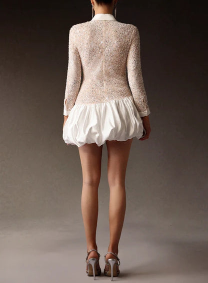 Long Sleeveless Embroidery Lace Sequin Puff Mini Dress