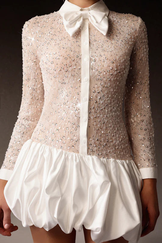 Long Sleeveless Embroidery Lace Sequin Puff Mini Dress
