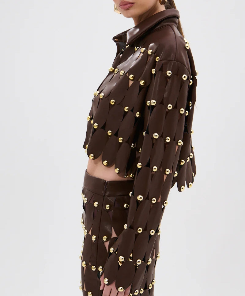 Brown Studded PU Midi Skirt Set
