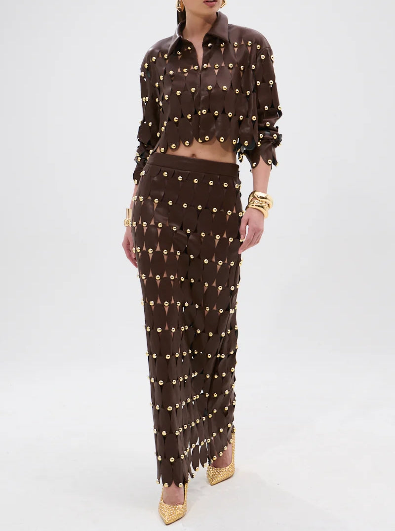 Brown Studded PU Midi Skirt Set