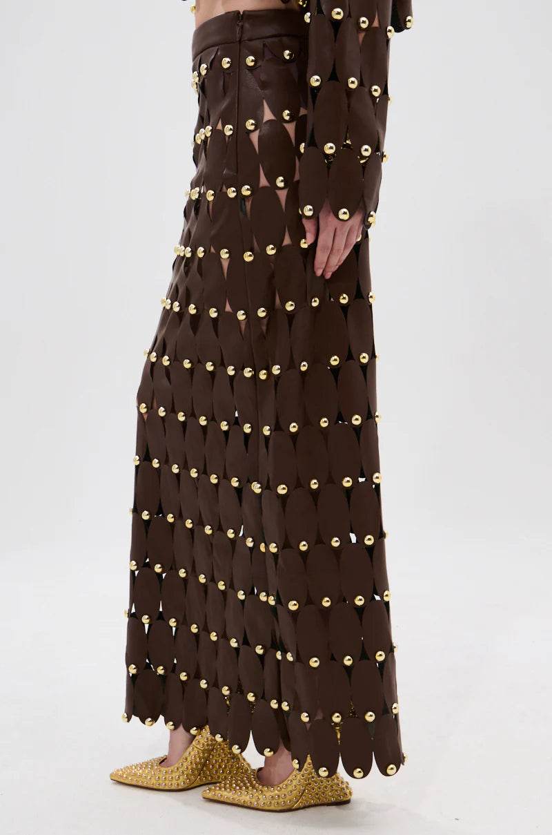 Brown Studded PU Midi Skirt Set