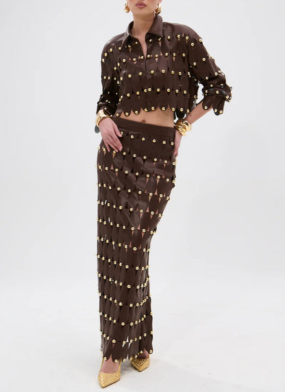 Brown Studded PU Midi Skirt Set