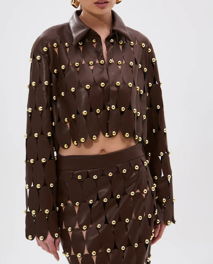 Brown Studded PU Midi Skirt Set