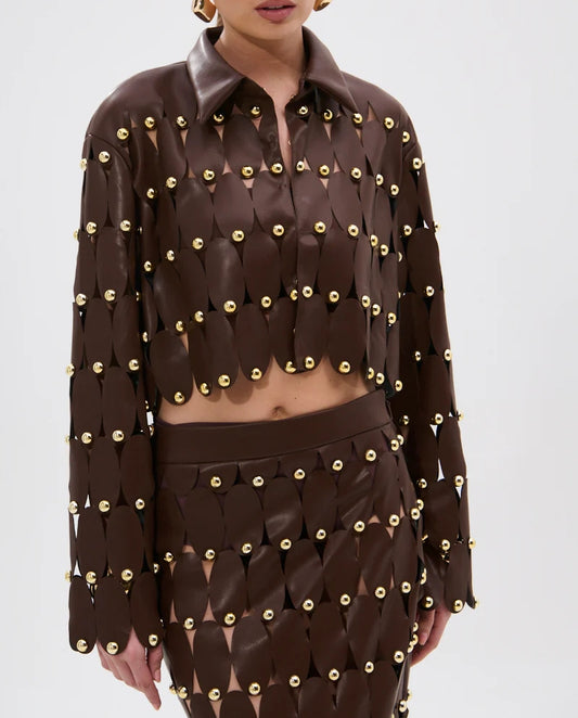 Brown Studded PU Midi Skirt Set
