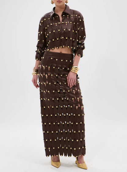 Brown Studded PU Midi Skirt Set