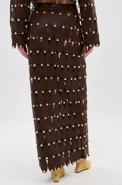 Brown Studded PU Midi Skirt Set